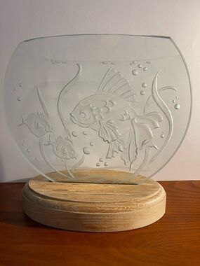 Etched Glass Fish Bowl Designed  Art Accent - Clear- on Stand-Signed Braithwaite